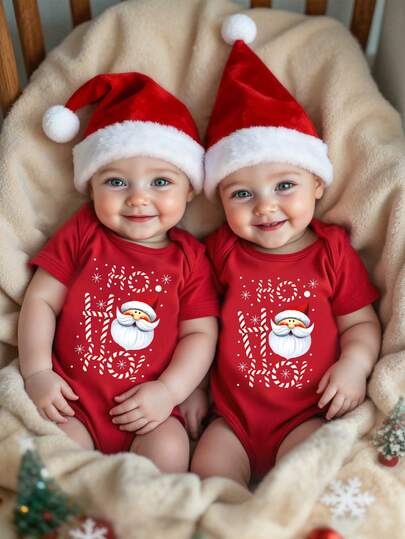 SHEIN Playful Pals 圣诞快乐！男宝宝圣诞套装 - 休闲、时尚、创意、个性化、清新、可爱，圣诞老人、拐杖糖、雪花图案、字母标语印花，舒适连体衣，适合圣诞派对