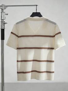 RONVEXI Men's Casual Vacation Style Contrast Striped V-Neck Open Knit Top, Summer - Apricot - View 2