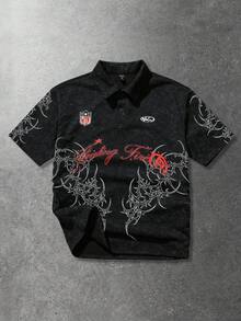 ROMWE MEN Goth 男士Polo衫，每日街头美式风格仿雪花和荆棘印花短袖Polo衫 - 黑色 - 查看 4