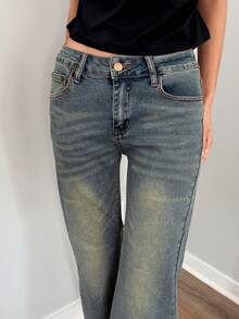 Sydney Algeri 女士口袋休闲喇叭牛仔裤 Y2K 街头风低腰牛仔裤 - 薄荷藍 - 查看 6