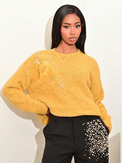 Mima John 优雅纯色针织高密度亮片 3D 花卉休闲圆领女式针织套头衫，适合秋季、冬季、外出、正式、派对、时尚、新年、圣诞节、工作、毕业、婚礼