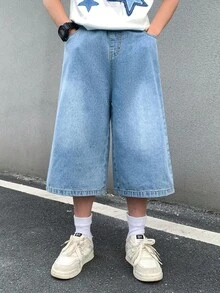 SHEIN Little Byeori 青少年男孩時尚返校街頭風混搭百搭設計復古酷街頭寬鬆舒適清爽藍色牛仔八英吋長度寬腿牛仔褲，適合日常穿著、春夏季派對節慶與街頭穿搭 - 藍色 - 查看 6