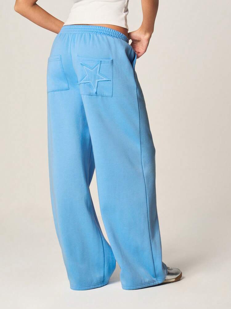 MISSGUIDED Women's Relaxed Wide Leg Star Applique Jogger Sweatpants With Elastic Waist And Back Pocket Detail