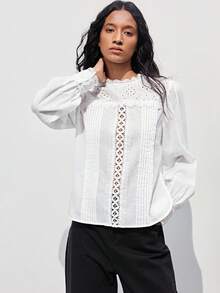 Maija 女士纯色镂空刺绣长袖休闲衬衫，适合夏季度假、春假、春季、海滩、生日、外出等场合，优雅时尚，白色上衣，适合夏季外出、毕业典礼等场合。 - 白色 - 查看 7