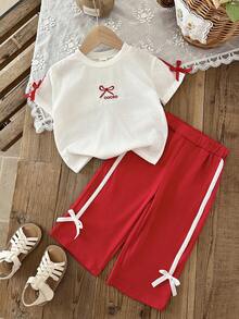 SHEIN 2pcs/Set Baby Girl Casual Street Style Black T-Shirt And Pants Set - Red - View 3