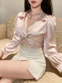 DAZY 女士缎面羽毛设计衬衫，优雅短袖衬衫，长袖上衣 - 香檳色 - 查看 5