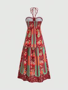 Sweetra Vestido de estilo bohemio retro con estampado, corte halter y cintura ceñida, color rojo, nuevo artículo de moda para primavera/verano - Multicolor - Ver 2