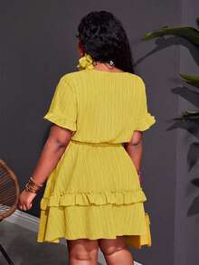 Slaydiva Plus Size Women's Mustard Yellow Summer Boho Vacation Holiday Fitted Ruffle Trim Chest Tie Front A-Line Mini Dress,Woven Textured Fabric - Yellow - View 3