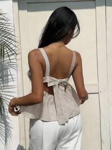 Aloruh Women's Vacation Casual Striped Backless Tie Strap Camisole - Khaki - View 2