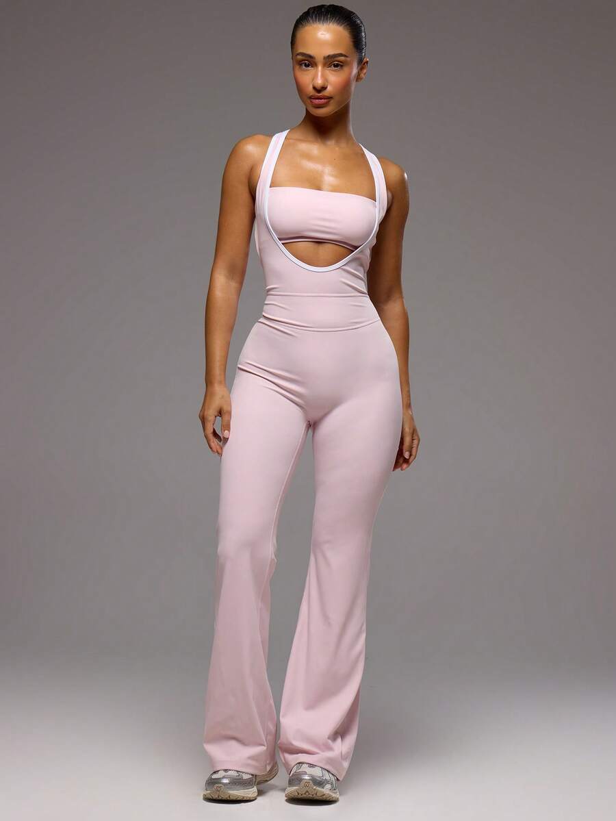 Musera Sport Contrast Cut Out Wide Leg Active Jumpsuit Sport Workout Gym Pilates Fitness Daily Girly Casual Hot Sweat Summer - Pink - View 1