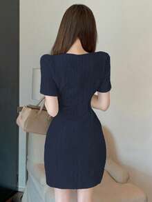 DAZY Women's Elegant Button Decor Bodycon Dress, Suitable For Back To School, Party, Autumn - Navy Blue - View 3