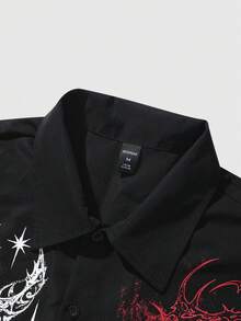 ROMWE MEN Men's Gothic Thorn & English Text Print Short Sleeve Shirt With Detachable Necktie, Spring/Summer - Black - View 5