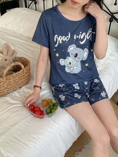 Conjunto de pijama para niñas con estampado de koala, estrella y lunares, top de manga corta holgado y shorts blancos con lazo, ropa de dormir cómoda para primavera/otoño