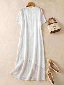Rusticease Women's Solid Color Round Neck Short Sleeve Asymmetric Design Casual Mid-Length Dress,Modest White Summer Festival Outfits Easter Dress Zanzea Clothes - White - View 2