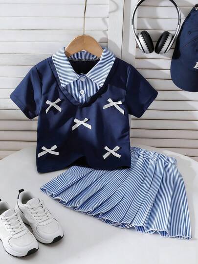 SHEIN Girls Casual Striped Bow Patchwork 2 In 1 Top & Striped Pleated Skirt Set, Suitable For Outdoor