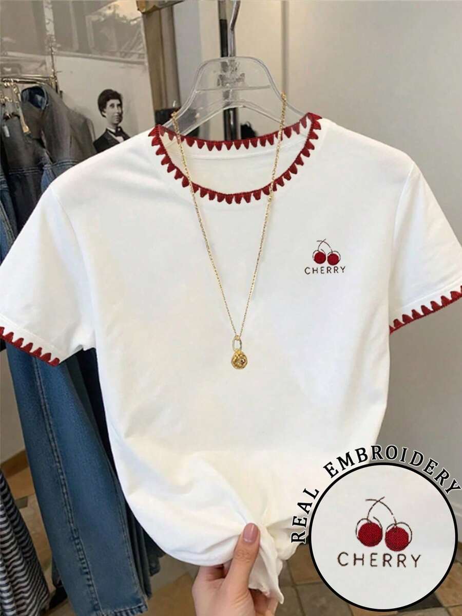 SHEIN 青少年女孩休閒貝殼飾邊刺繡櫻桃圖案寬鬆舒適戶外運動慵懶T恤 - 白色 - 查看 1