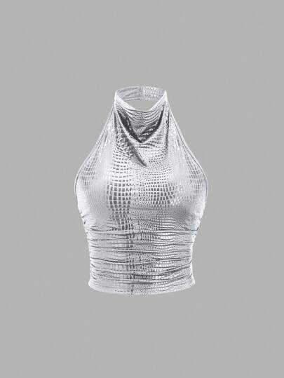 Sweetra New European & American Style Sexy Backless Halter Neck Sleeveless Pleated Fitted Casual Crop Top, Suitable For High Street, Y2K, Dates, Parties, Versatile