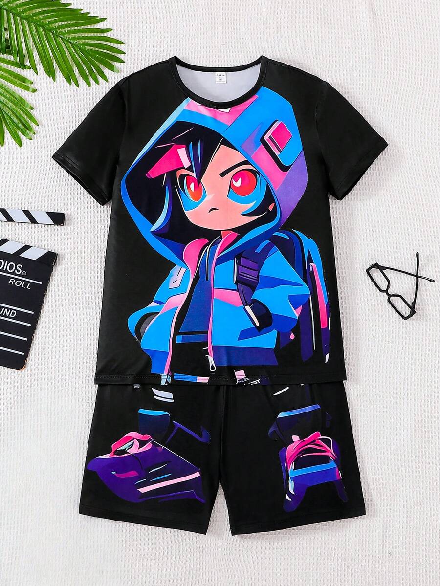 SHEIN GraphicGems 青少年男孩夏季新款休闲动漫印花短袖T恤短裤睡衣套装，街头风卡通人物宽松T恤+短裤两件套，青少年时尚家居服 - 黑色 - 查看 1