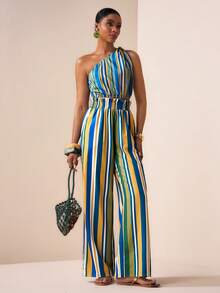 Zivah 2026 Spring/Summer New Arrival Spaghetti Strap Twist Front Crop Top + Straight Loose Pants Women 2 Pieces Set, Frill Trim, Real Pockets, Striped & Floral Print, Vacation Outfit - Multicolor - View 4