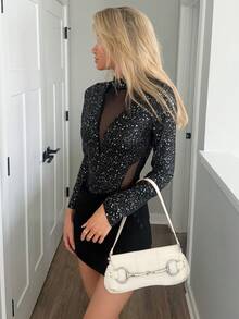 Sydney Algeri 女士时尚圆领长袖铝箔网眼拼接透明黑色紧身衣 - 黑色 - 查看 5