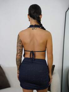 SAYEHFBABY Women's Short Turtleneck Backless Sequin Knit Bodycon Party Mini Dress - Navy Blue - View 2