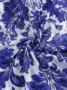 Swim Oasis 大码女装两件套：蓝色印花时尚度假休闲荷叶边印花网纱半身裙 + 修身褶皱抹胸连体泳衣，优雅套装 - 藍色 - 查看 5