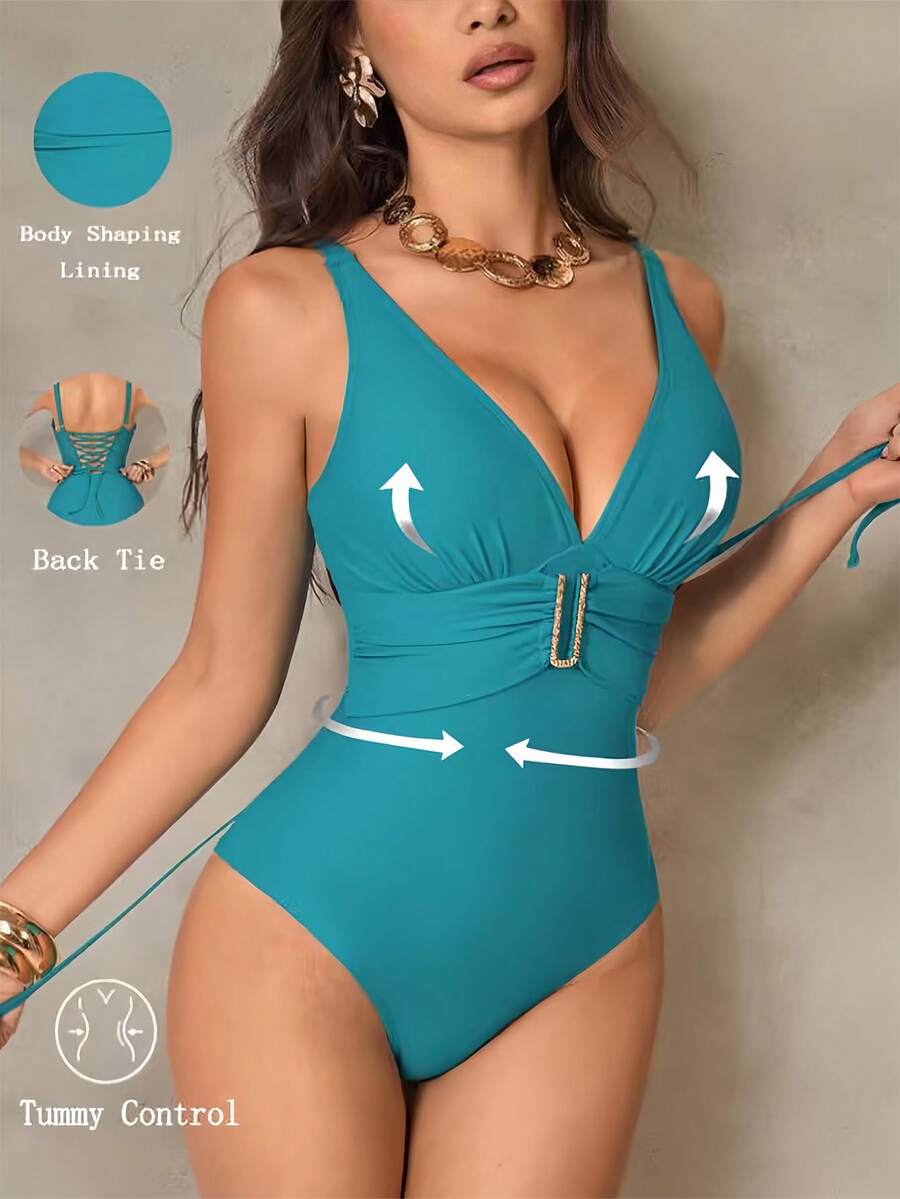 Shapewave 1pc Women's Solid Color Sexy Fashion Deep V Backless Adjustable Strap Metal Decor One-Piece Swimsuit, Spring/Summer Turquoise Bathing Suit Teal Swimsuit Women's Swimsuit One Piece Bathing Suit One Piece Tummy Control Swimsuit - Teal Blue - View 1