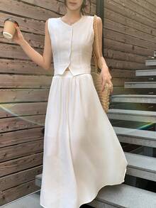 DAZY Women's Solid Color Collar Two Pieces Vacation Set - White - View 5