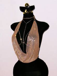 SHEIN DivaQ Women's Deep V-Neck Party Top, Rhinestone Embellished Shiny, Suitable For Music Festival, Carnival Party - Gold - View 8