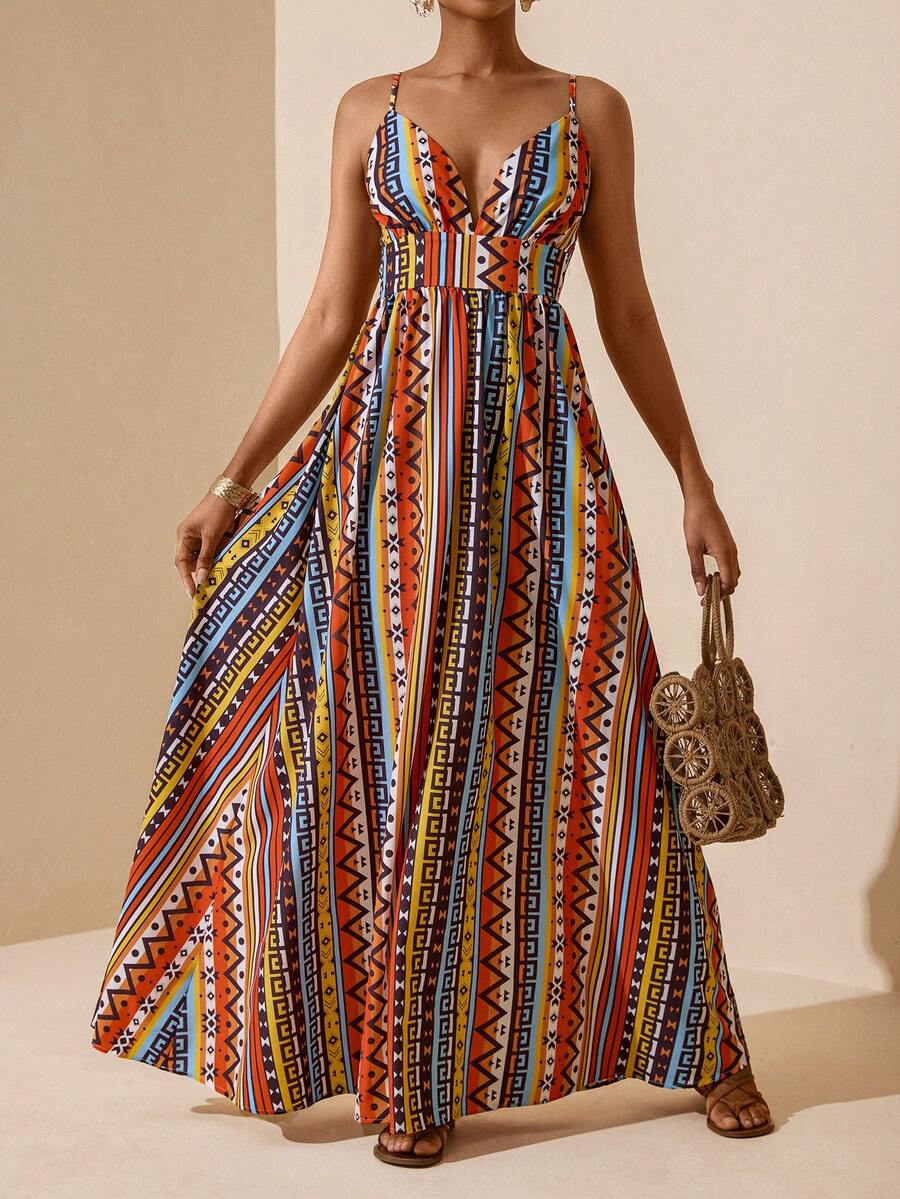 Vesra 女士V领吊带A字印花连衣裙 - 彩色 - 查看 1