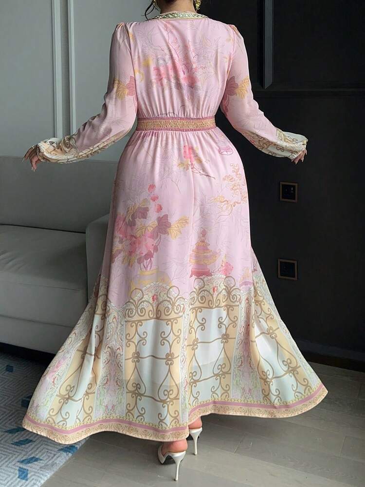Dazy Plus Floral Print V-Neck Waist Cinched Maxi Chiffon Dress, Elegant Palace Style, Pink, Plus Size, Spring/Summer Sundress
