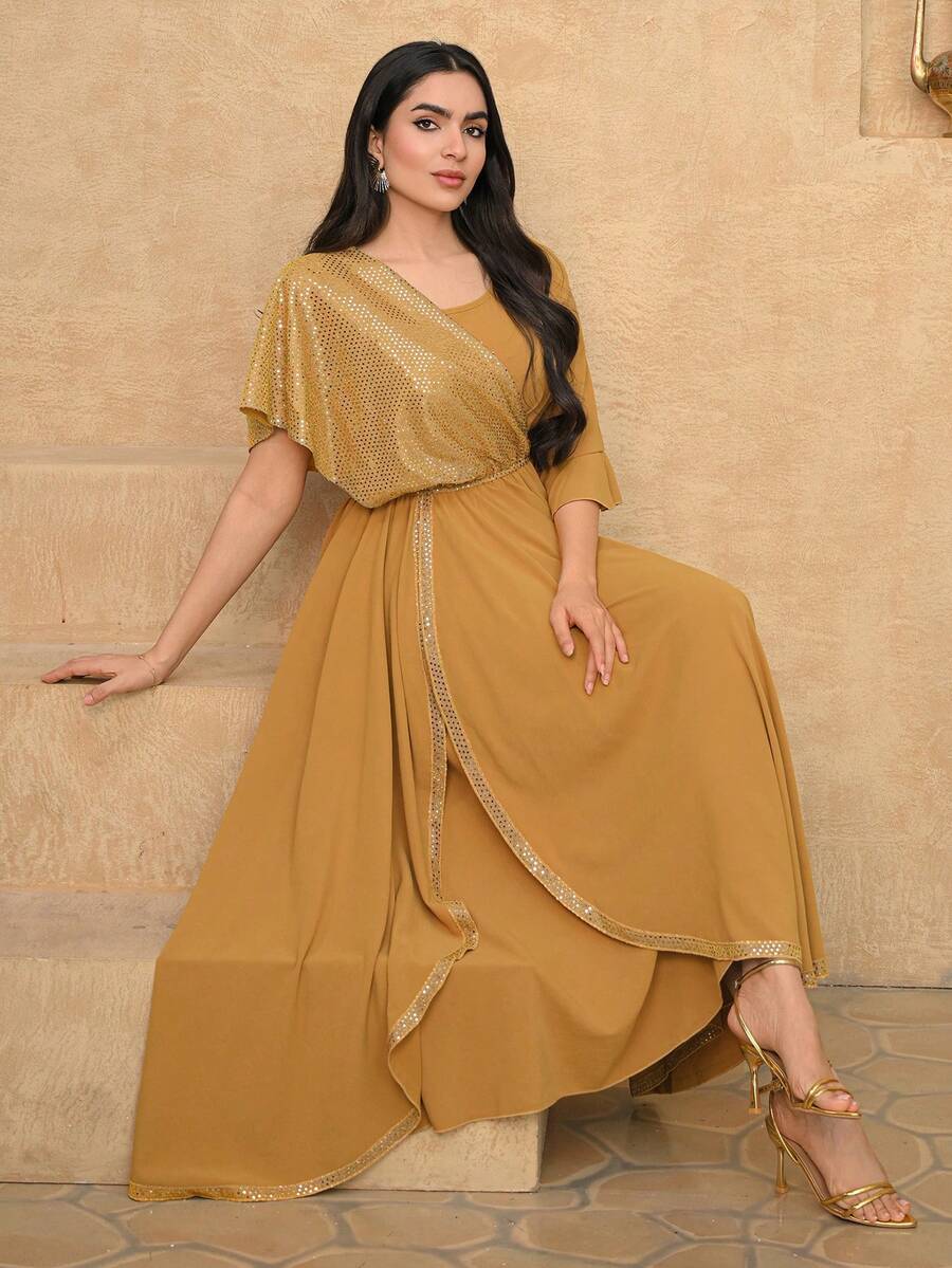 DAZY Women's Elegant Sequin Patchwork Asymmetric Dress, Summer - Yellow - View 1