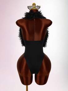 Amplova Wine Red Fluffy Halter Neck Sexy Bodysuit For Party - Black - View 2