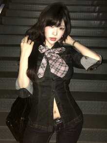 DAZY 束腰弹力牛仔衬衫，女士修身显瘦长袖休闲牛仔上衣，春季款 - 深色水洗藍 - 查看 9