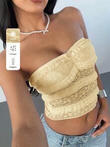Aloruh Top bandeau con volantes, plisado y lazo elegante y romántico de unicolor para mujer - Amarillo - Ver 9