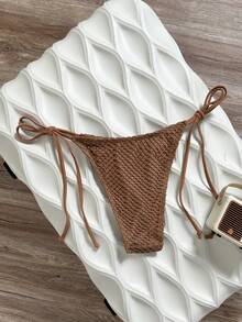 Swim Vcay Bottom de traje de baño casual de vacaciones en la playa para mujer con decoración de concha y lazos laterales de unicolor - Marrón - Ver 2