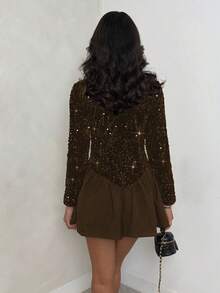 SHEIN Glamour Vestido mini con parches de lentejuelas elegante y de moda, adecuado para el uso diario - Café integral - Ver 2
