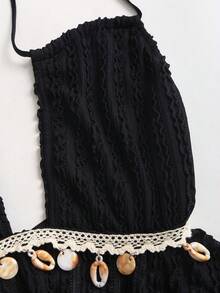 Sweetra Women's Sexy Backless Halter Neck Patchwork Shell Strap Asymmetrical Hem Beach Vacation Top. Spring/Summer Vacation Outfit. - Black - View 4