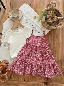 SHEIN LMoss Kids 女婴夏季可爱碎花吊带连衣裙和短袖针织上衣套装 - 紅色 - 查看 6