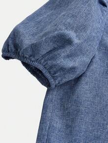 Firerie Kids 少女休闲优雅通勤圆领蓝色泡泡袖前襟白色蝴蝶结上衣和直筒裤套装 - 藍色 - 查看 5