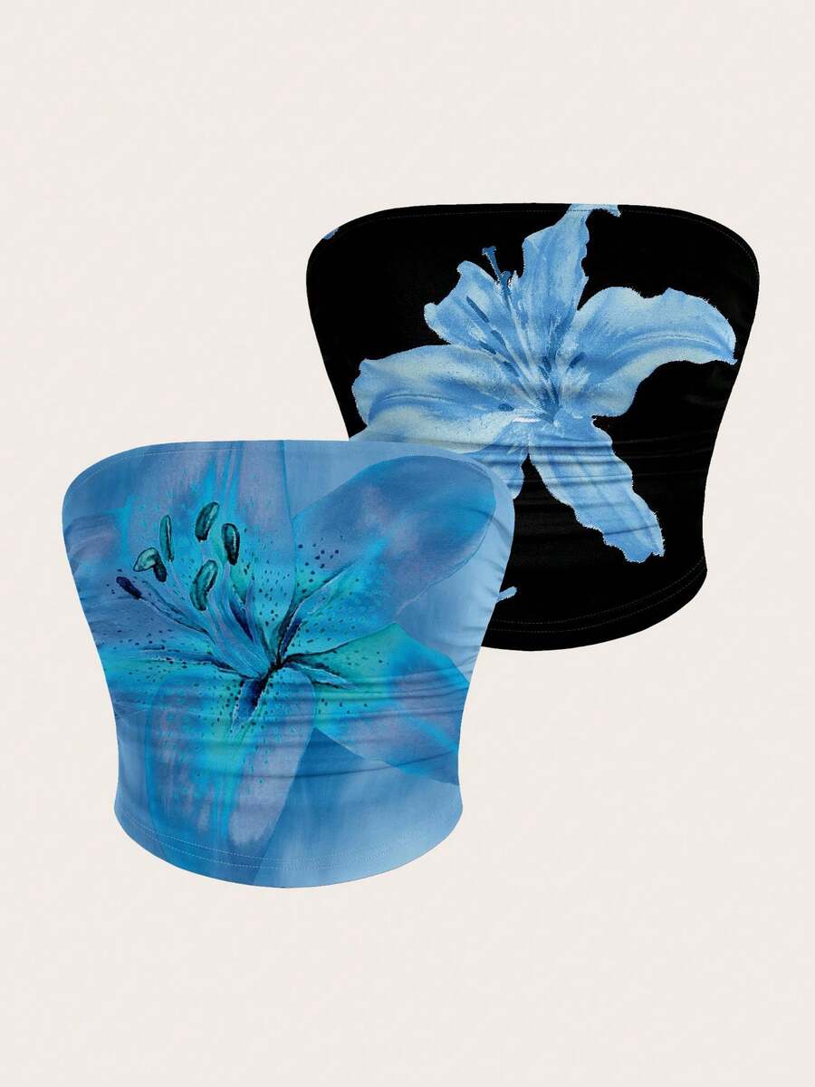 SHEIN EZwear 2pcs Women Casual Asymmetrical Hem Ruched Fitted Tube Top - Multicolor - View 1