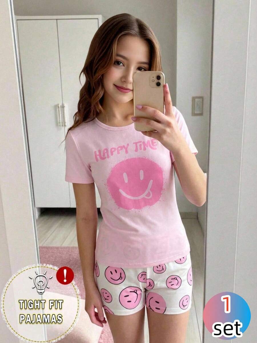 一套全新贴身少女睡衣,时尚百搭,采用超大吐舌图案,短袖圆领上衣搭配印花短裤,饰有“快乐时光”白色字母,柔软舒适,适合户外穿着,轻盈柔和的色调,简约设计风格,易于搭配,弹力针织面料,可机洗。 - 彩色 - 查看 1