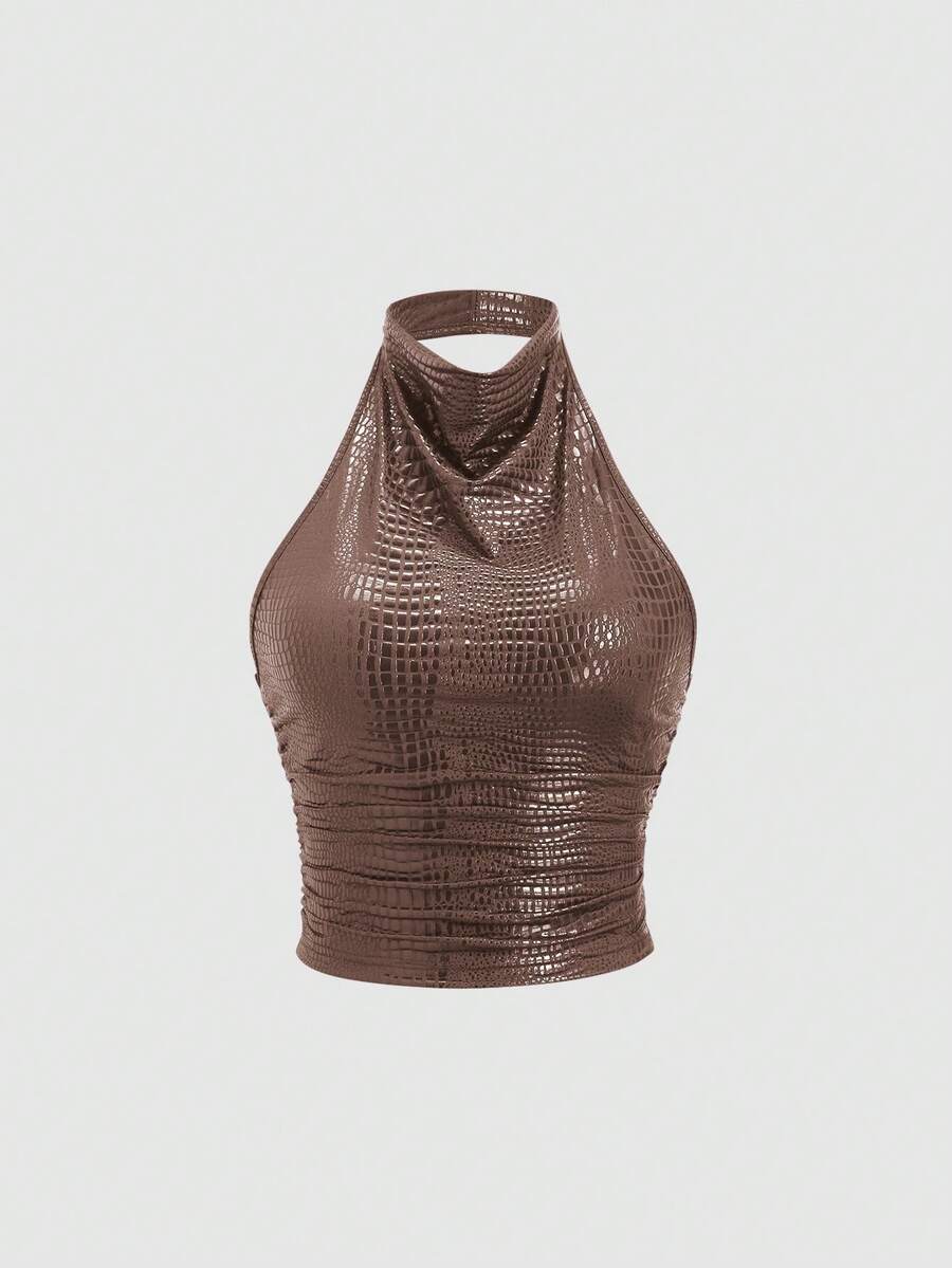 Sweetra Nuevo estilo europeo y americano Sexy top corto casual con cuello halter sin mangas, espalda descubierta, plisado y ajustado. Adecuado para la calle, Y2K, citas, fiestas, versátil - Marrón - Ver 1