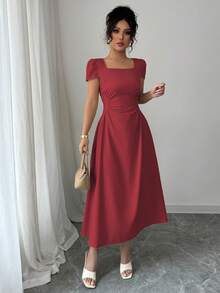 Elenzga Đầm midi nữ thanh lịch màu trơn cổ vuông, thắt eo, tay phồng, thích hợp cho kỳ nghỉ, tiệc trà chiều, mùa xuân/hè. - Đỏ - Xem 5