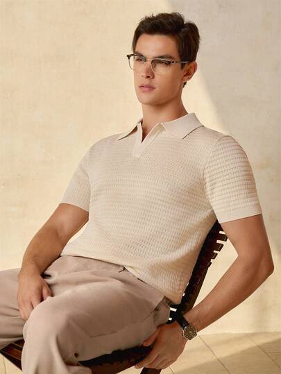 RONVEXI 男士宽松轻盈优质针织海鸥领 Polo 衫 - 条纹飞机领短袖，清凉舒适，夏季时尚休闲必备男士度假装。奶油色罗纹 Polo 衫，男士针织 Polo 衫，男士针织 Polo 衫，男士纽扣针织 Polo 衫，男士 Polo 衫，男士夏季领 Polo 衫。