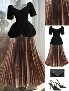 Gownix Curvy Plus Size Women's Elegant Black Summer Satin Dress,Shiny Pleats Stitching Dinner Formal Party Ball Gown,Waist Graduation Prom Dresses - Multicolor - View 1