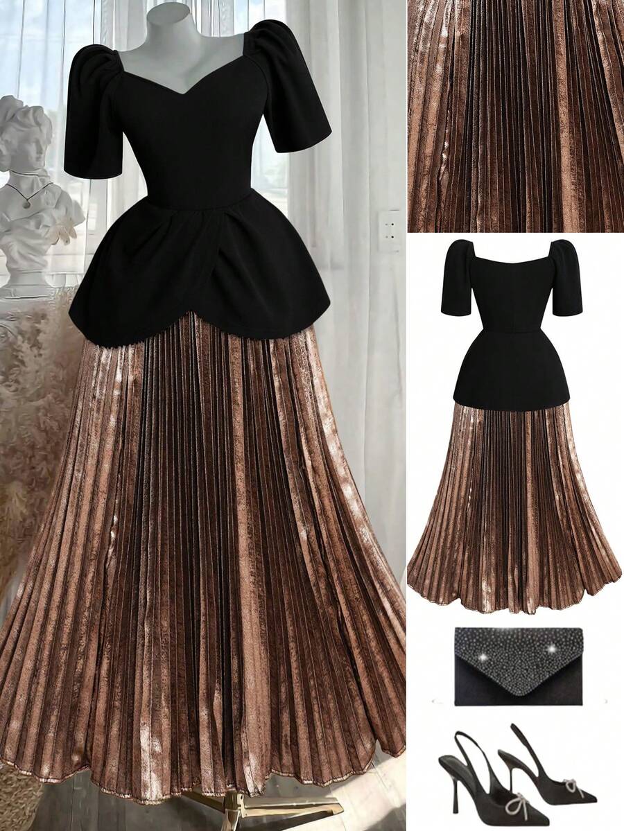 Gownix Curvy Plus Size Women's Elegant Black Summer Satin Dress,Shiny Pleats Stitching Dinner Formal Party Ball Gown,Waist Graduation Prom Dresses - Multicolor - View 1