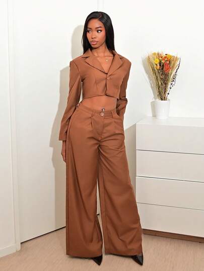 Mima John Extreme Wide Leg Pleated Suit Trousers Only Streetwear Classy Casual Sexy Going Out Fall Autumn Toffee