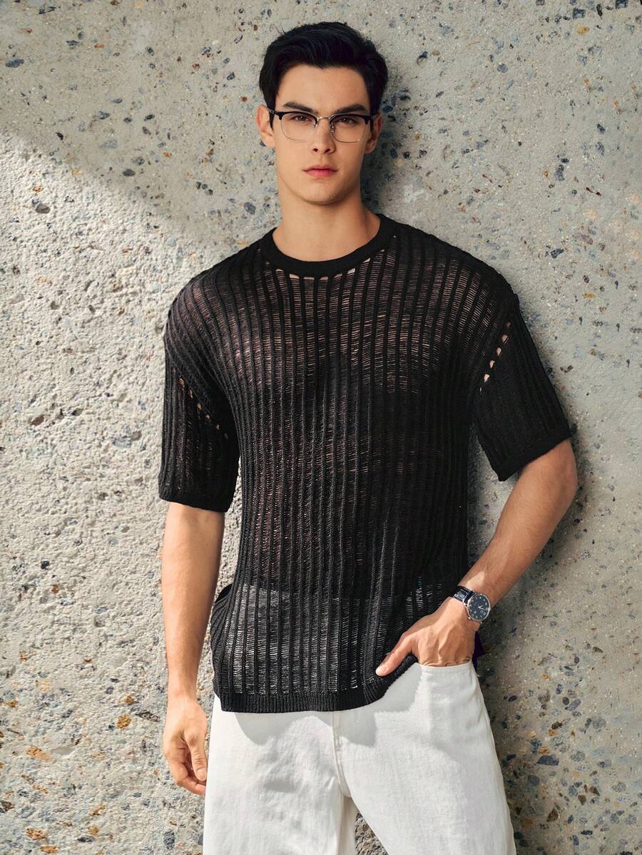 RONVEXI 男士夏季度假纯色短袖镂空针织上衣 - 黑色 - 查看 1