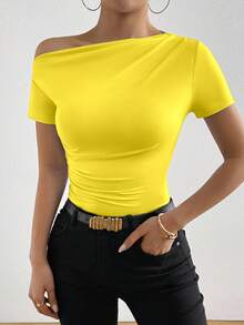 Elenzga Summer Casual Solid Color Asymmetric Neck Ruched Fitted T-Shirt - Yellow - View 5
